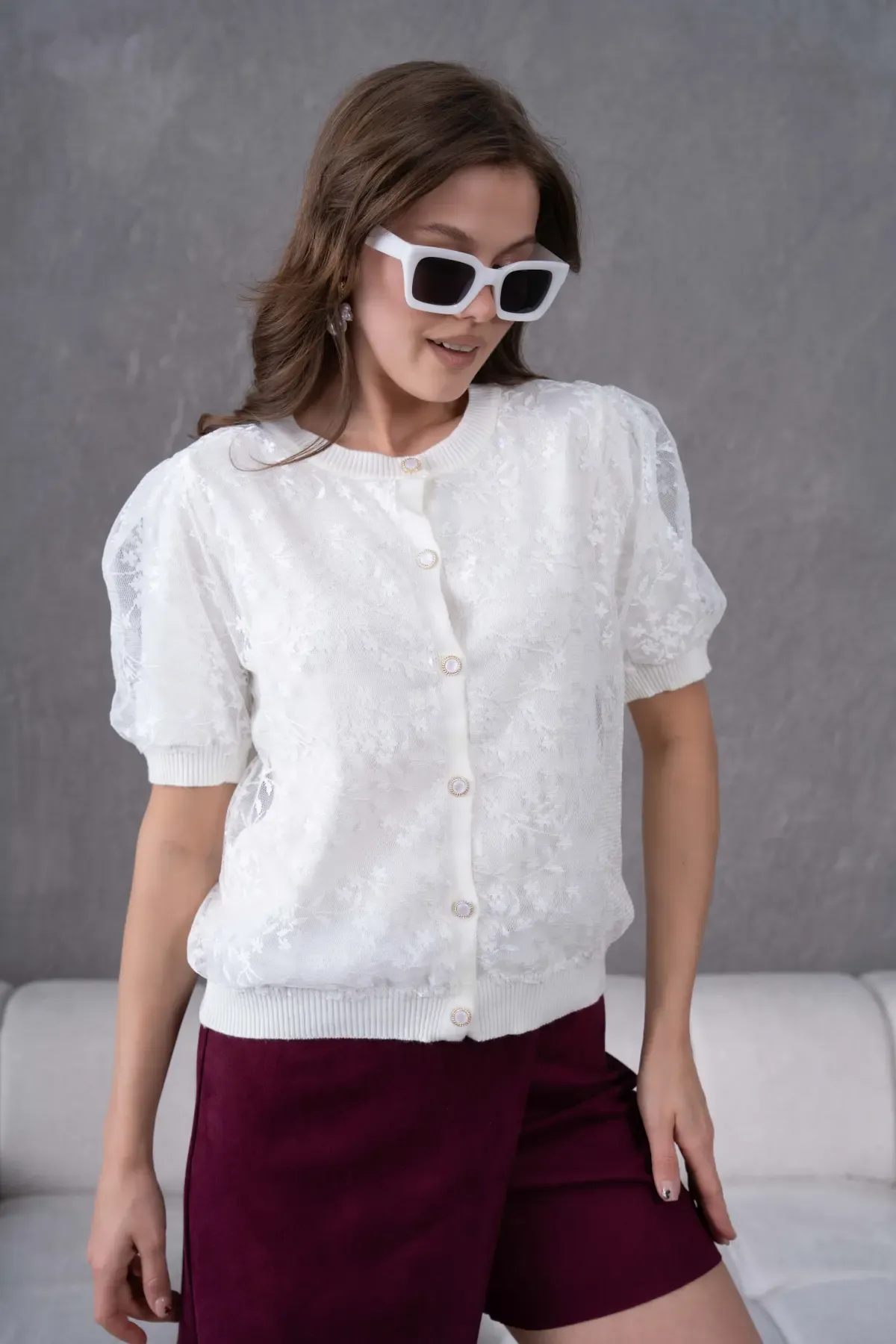 12081 Kadın Bisiklet Yaka Düğmeli Çiçek Tül Detaylı Triko Hırka