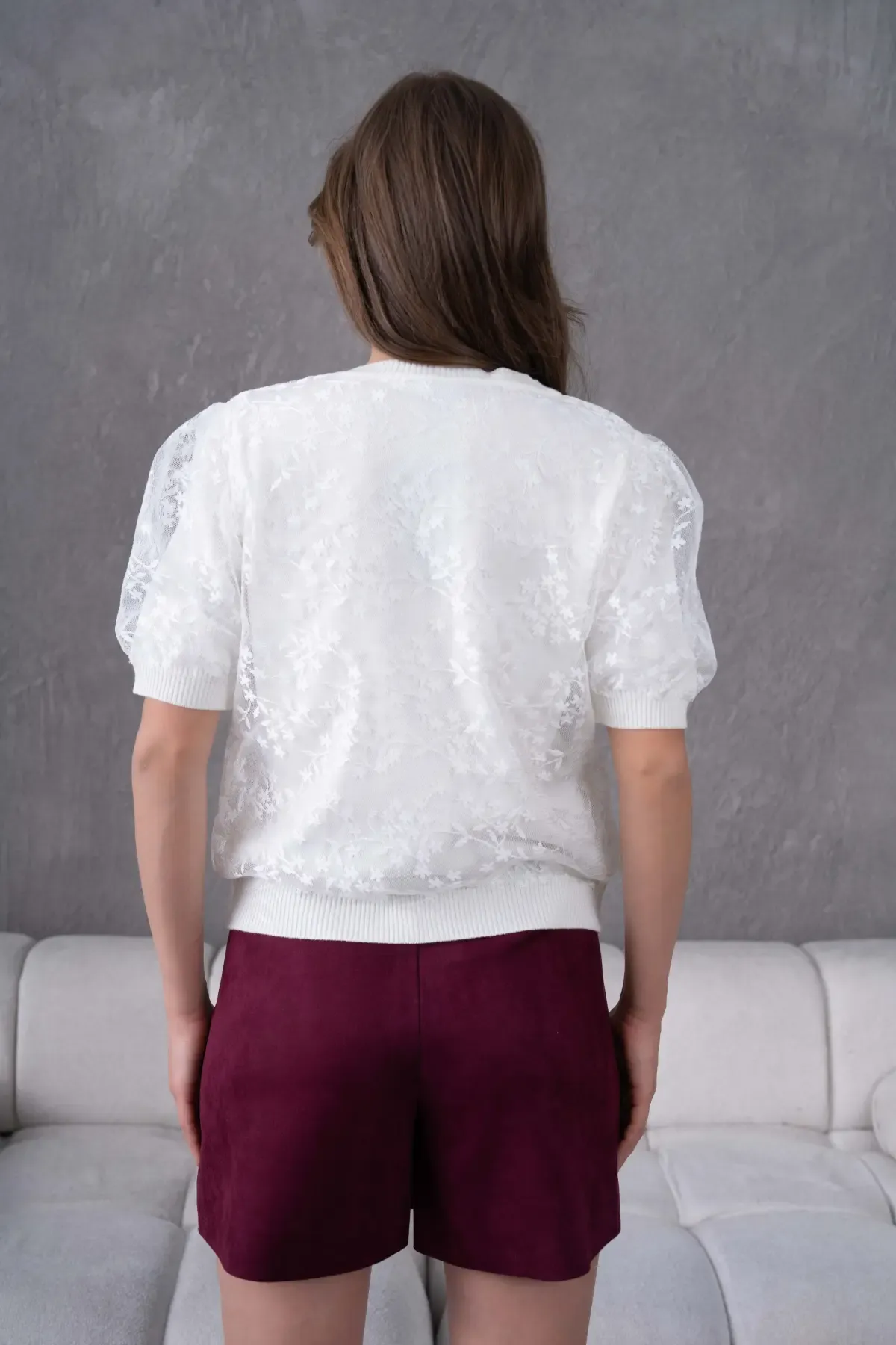 12081 Kadın Bisiklet Yaka Düğmeli Çiçek Tül Detaylı Triko Hırka