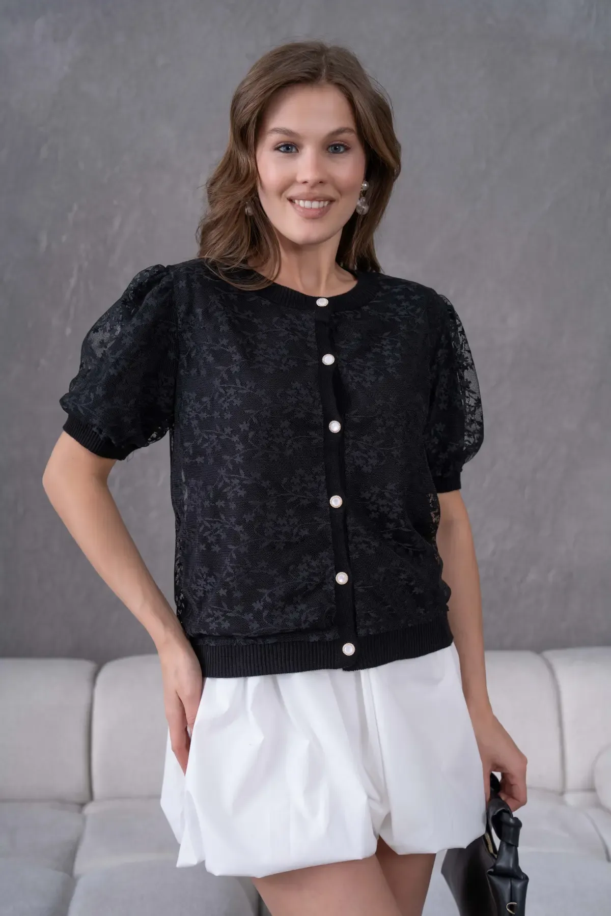 12081 Kadın Bisiklet Yaka Düğmeli Çiçek Tül Detaylı Triko Hırka