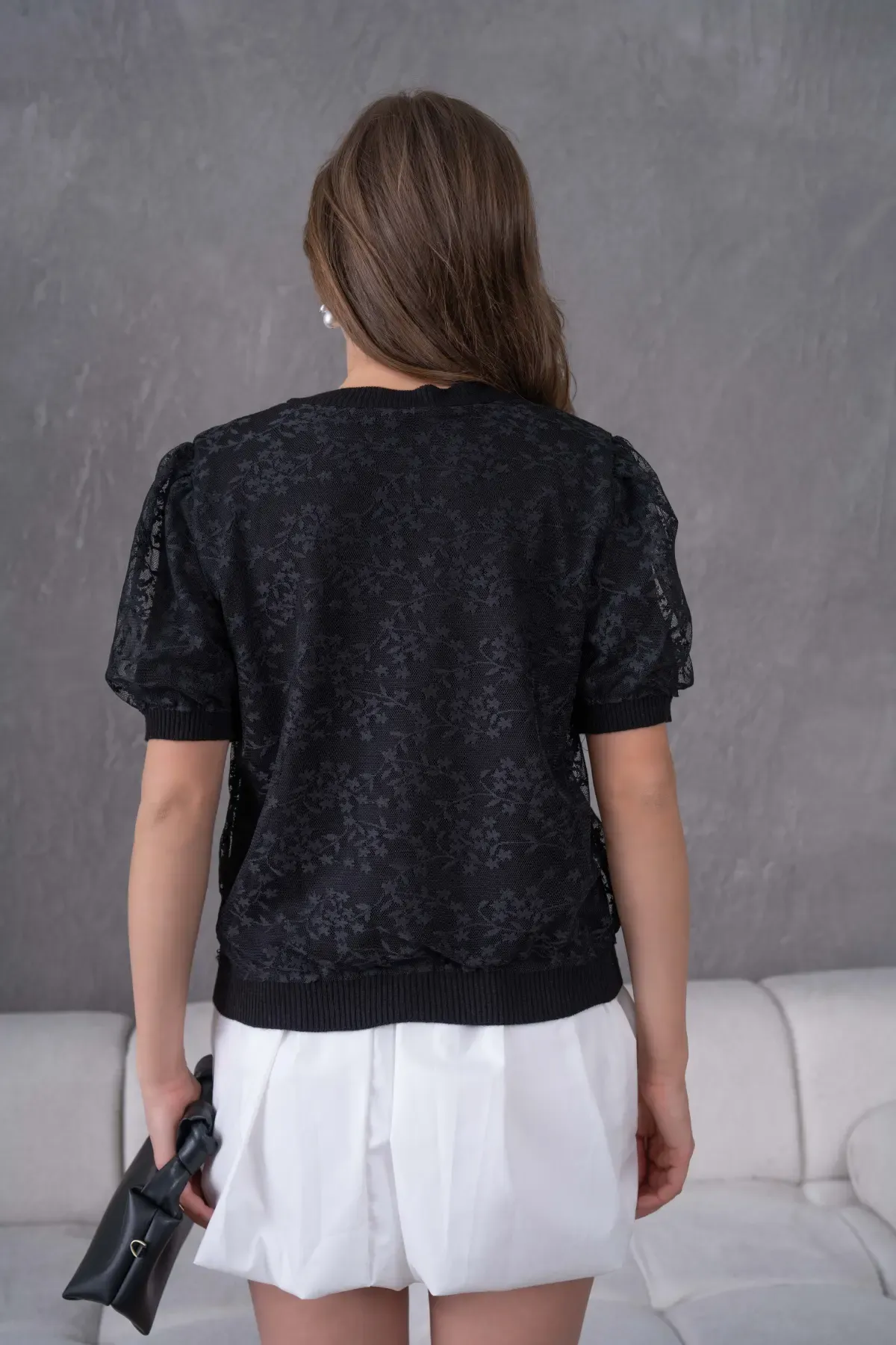 12081 Kadın Bisiklet Yaka Düğmeli Çiçek Tül Detaylı Triko Hırka