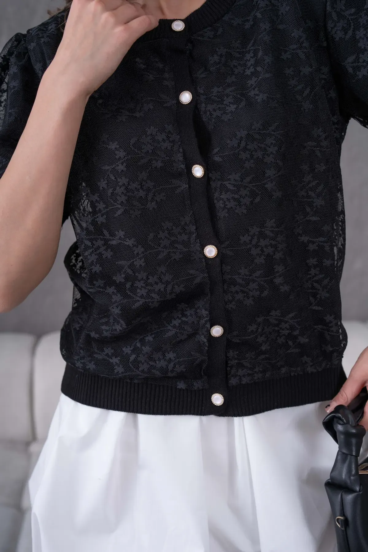 12081 Kadın Bisiklet Yaka Düğmeli Çiçek Tül Detaylı Triko Hırka