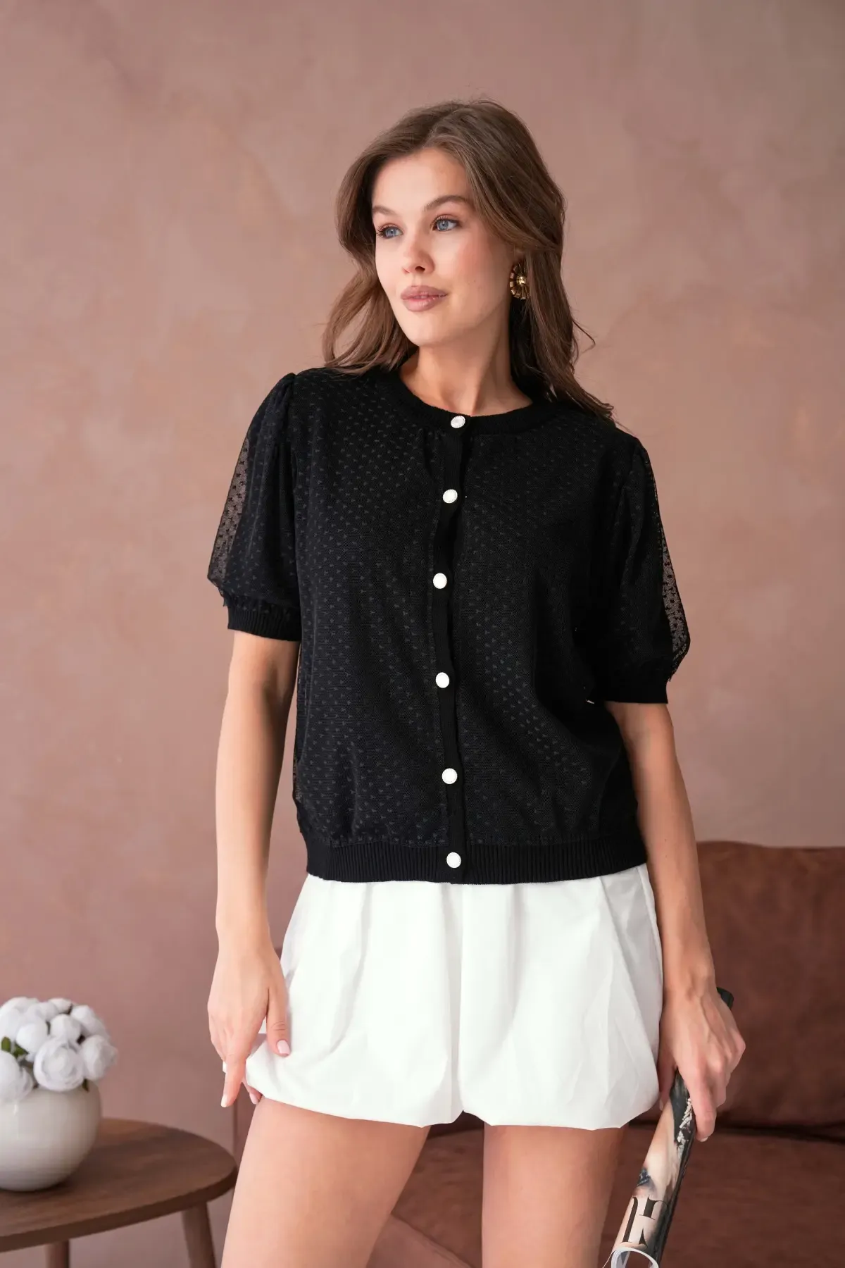 12082 Kadın Bisiklet Yaka Düğmeli Çiçek Tül Detaylı Triko Hırka