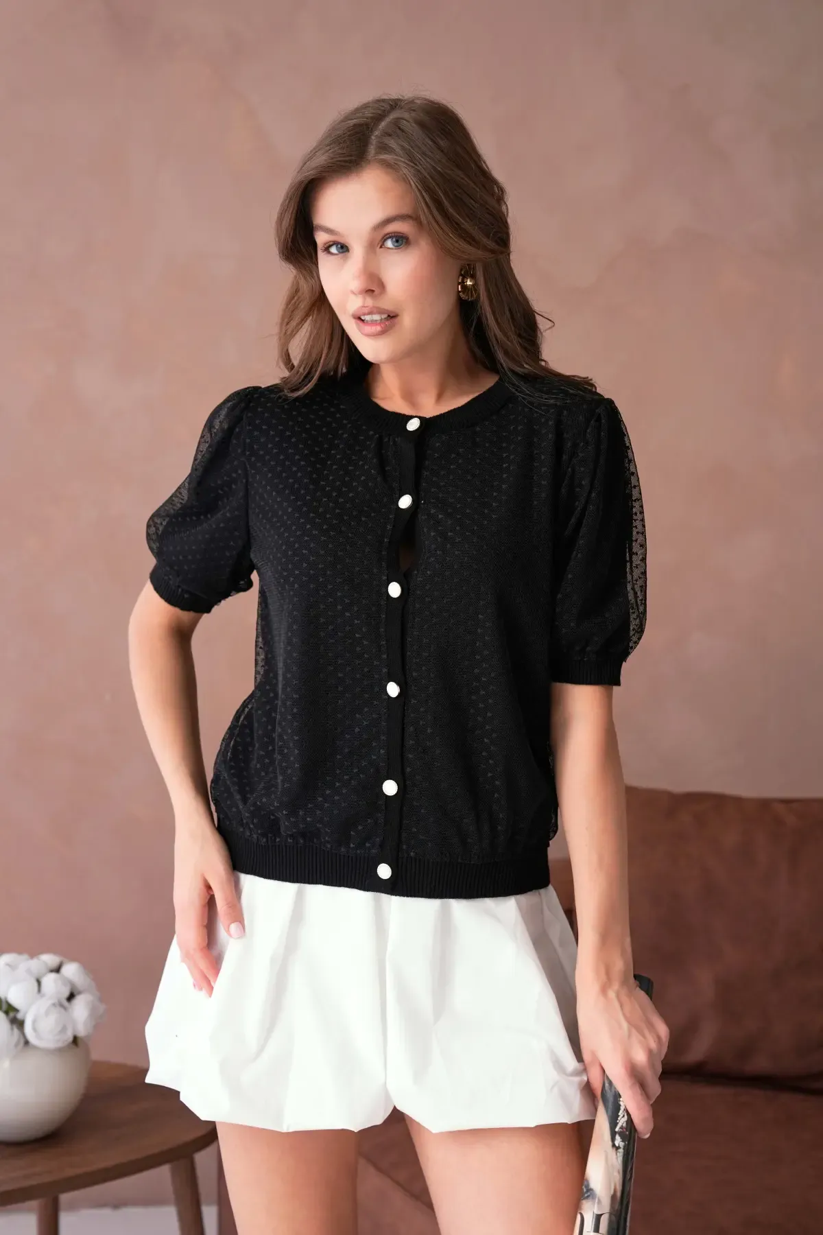 12082 Kadın Bisiklet Yaka Düğmeli Çiçek Tül Detaylı Triko Hırka