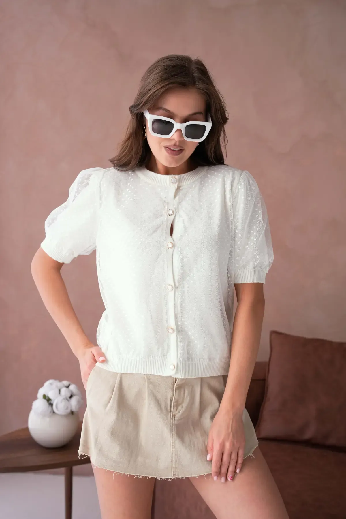 12082 Kadın Bisiklet Yaka Düğmeli Çiçek Tül Detaylı Triko Hırka