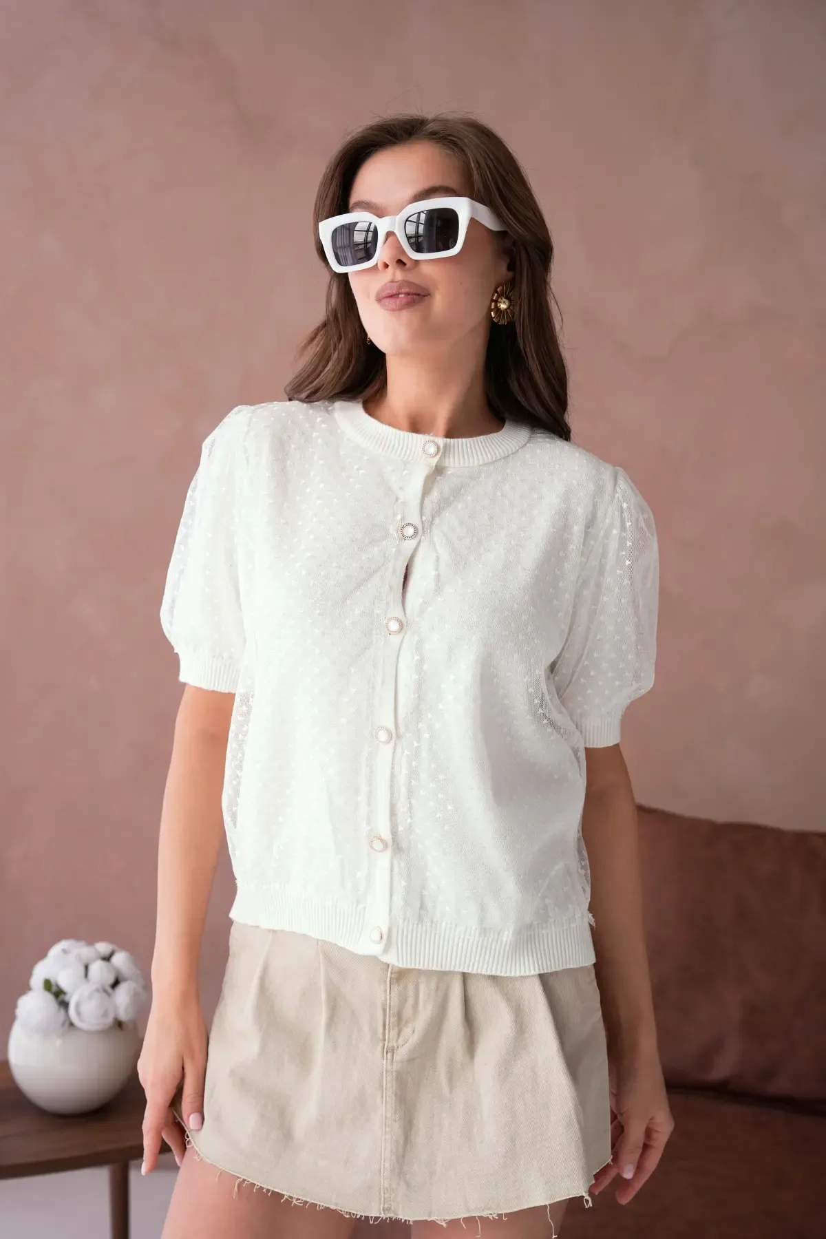 12082 Kadın Bisiklet Yaka Düğmeli Çiçek Tül Detaylı Triko Hırka