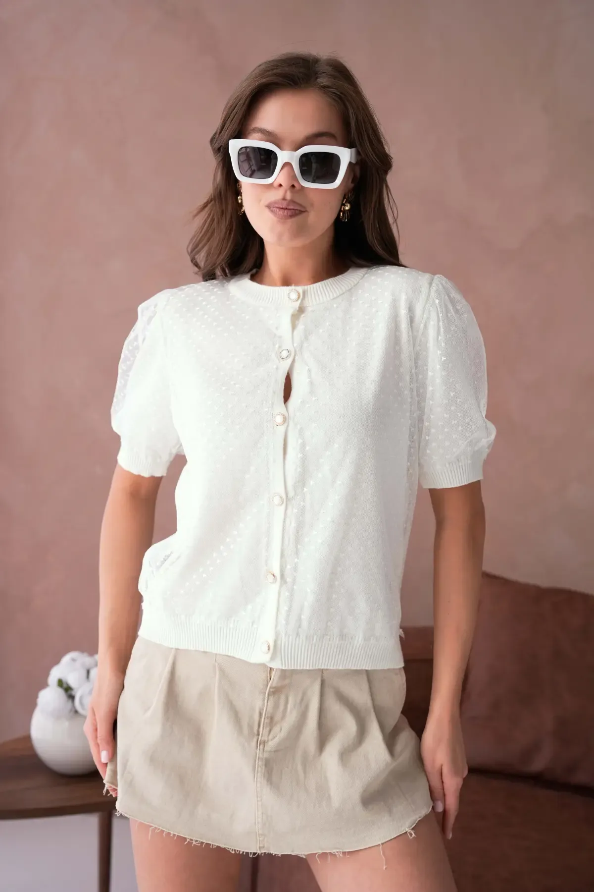 12082 Kadın Bisiklet Yaka Düğmeli Çiçek Tül Detaylı Triko Hırka