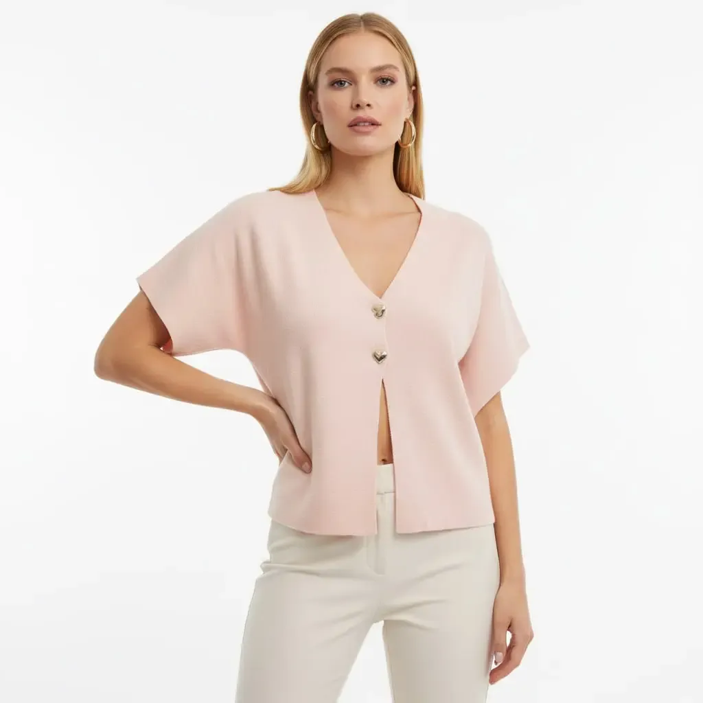 12103 Gold Düğme Detay Yumuşak Dokulu Kısa Kollu Viscon Triko Hırka