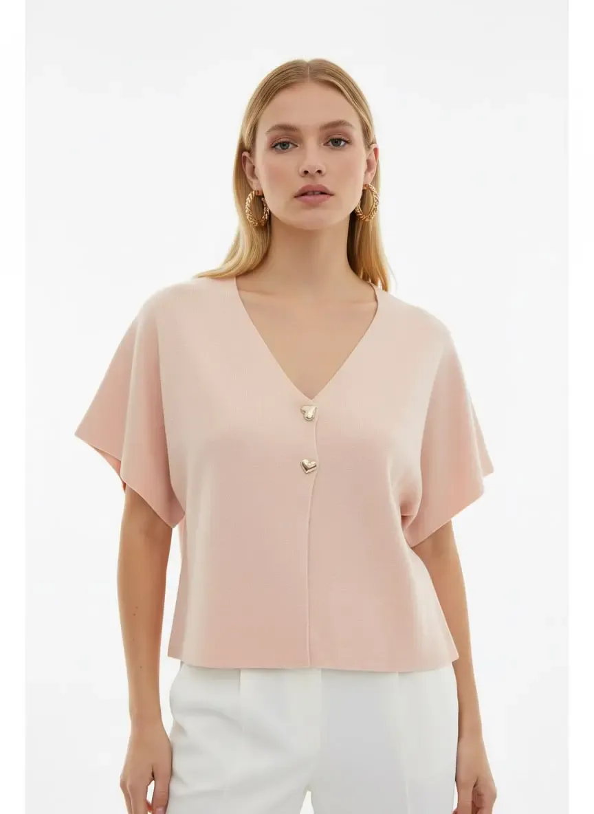 12103 Gold Düğme Detay Yumuşak Dokulu Kısa Kollu Viscon Triko Hırka