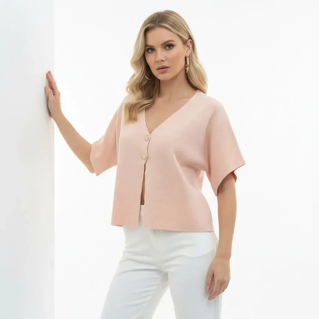 12103 Gold Düğme Detay Yumuşak Dokulu Kısa Kollu Viscon Triko Hırka