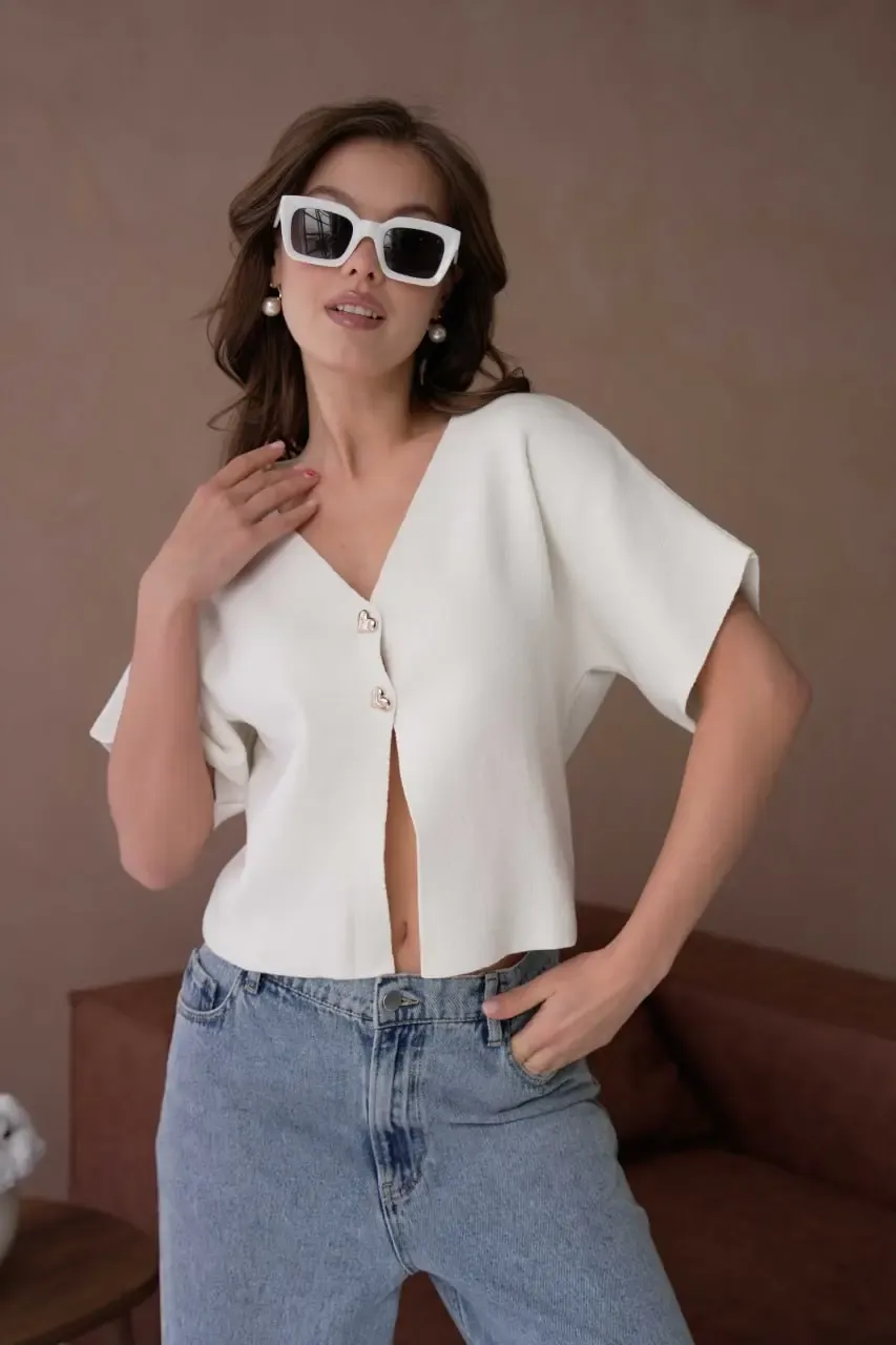 12103 Gold Düğme Detay Yumuşak Dokulu Kısa Kollu Viscon Triko Hırka