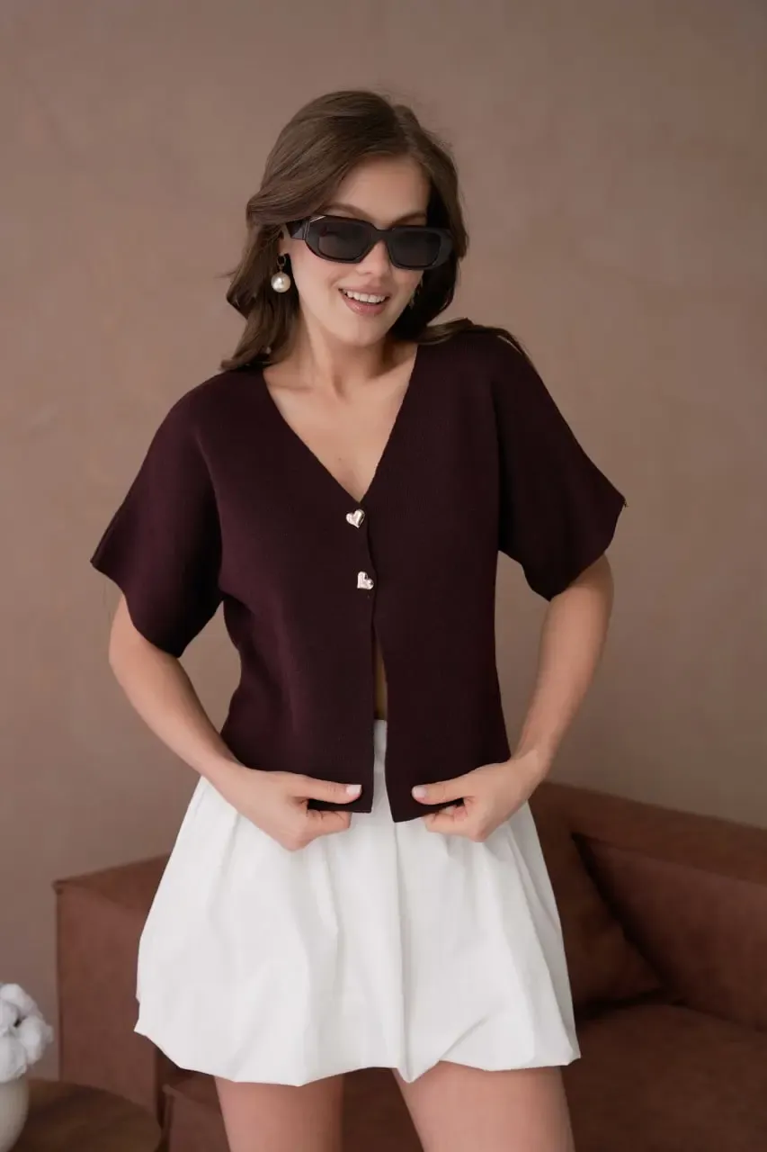 12103 Gold Düğme Detay Yumuşak Dokulu Kısa Kollu Viscon Triko Hırka