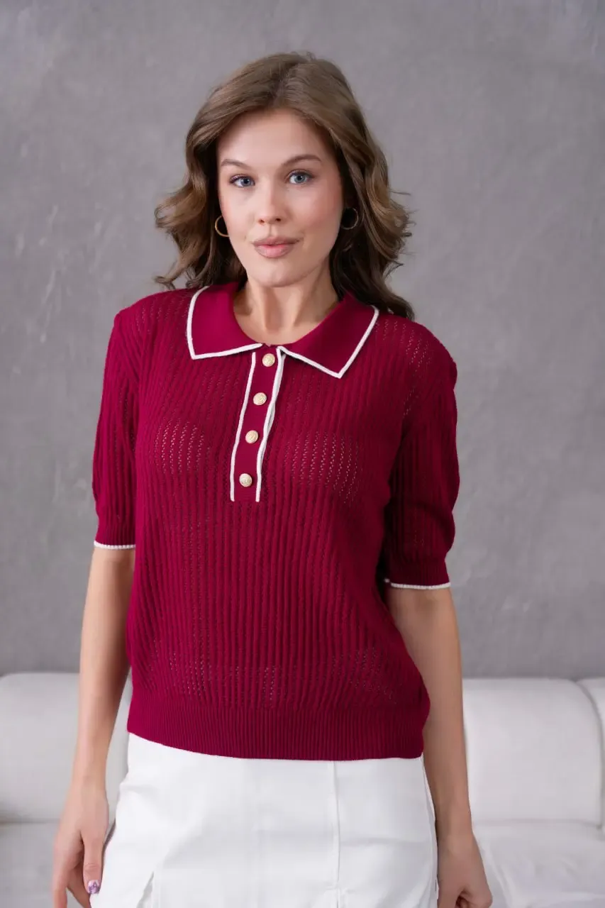 12126 Polo Yaka Yarım Pat Düğmeli Triko Bluz