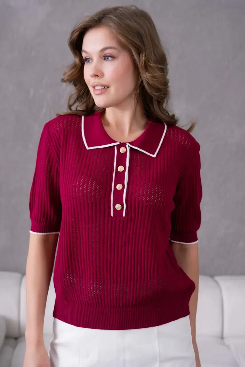 12126 Polo Yaka Yarım Pat Düğmeli Triko Bluz