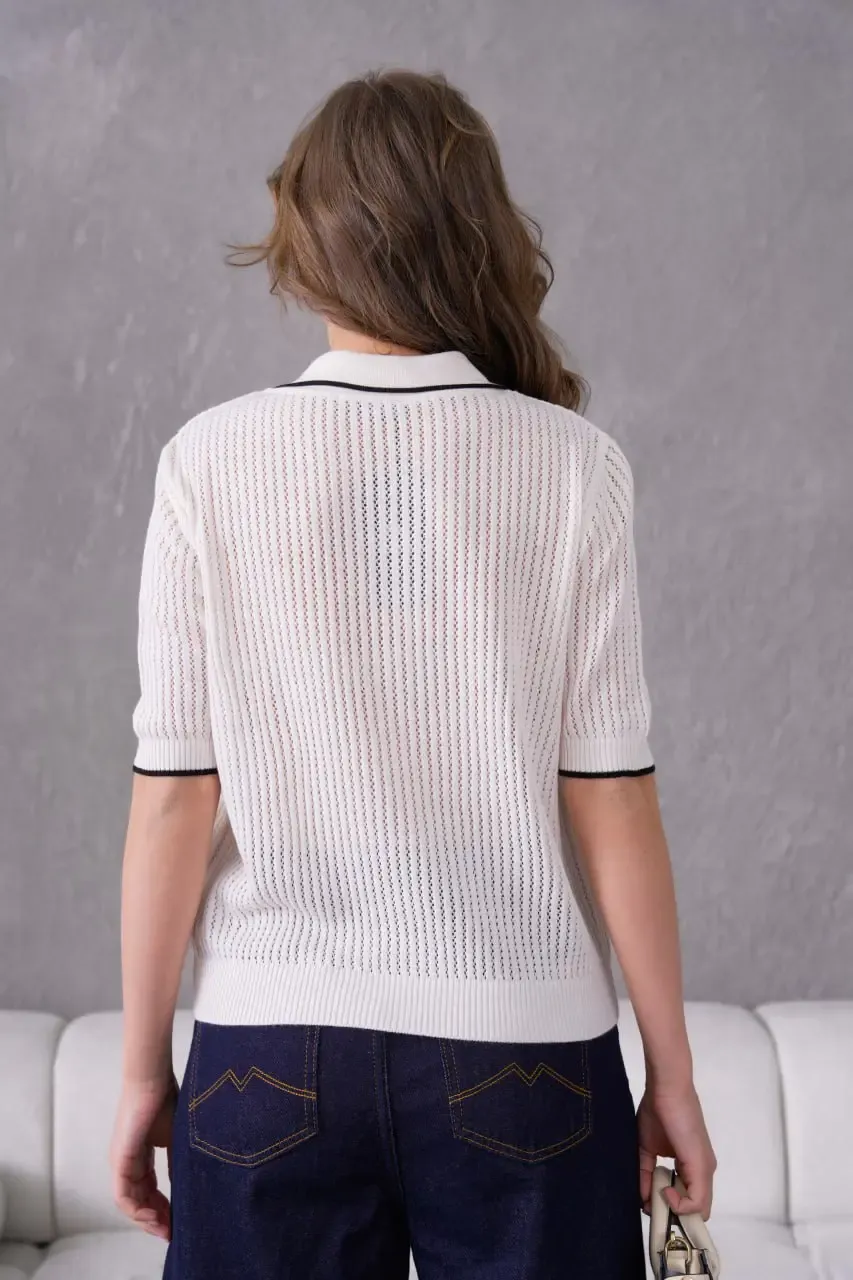 12126 Polo Yaka Yarım Pat Düğmeli Triko Bluz