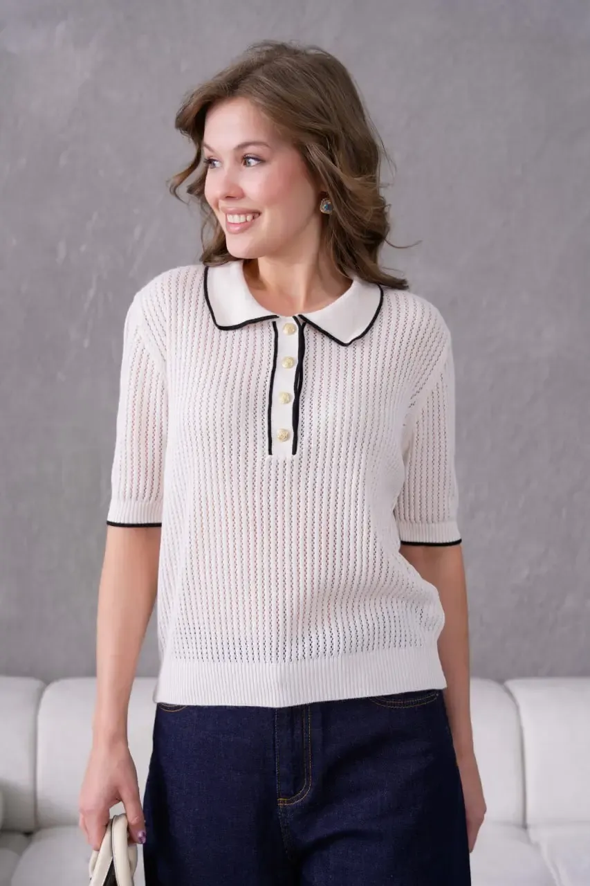 12126 Polo Yaka Yarım Pat Düğmeli Triko Bluz