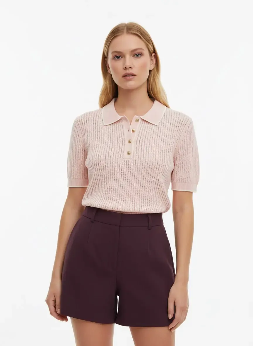 12126 Polo Yaka Yarım Pat Düğmeli Triko Bluz