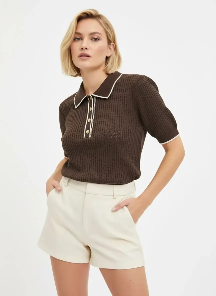 12126 Polo Yaka Yarım Pat Düğmeli Triko Bluz