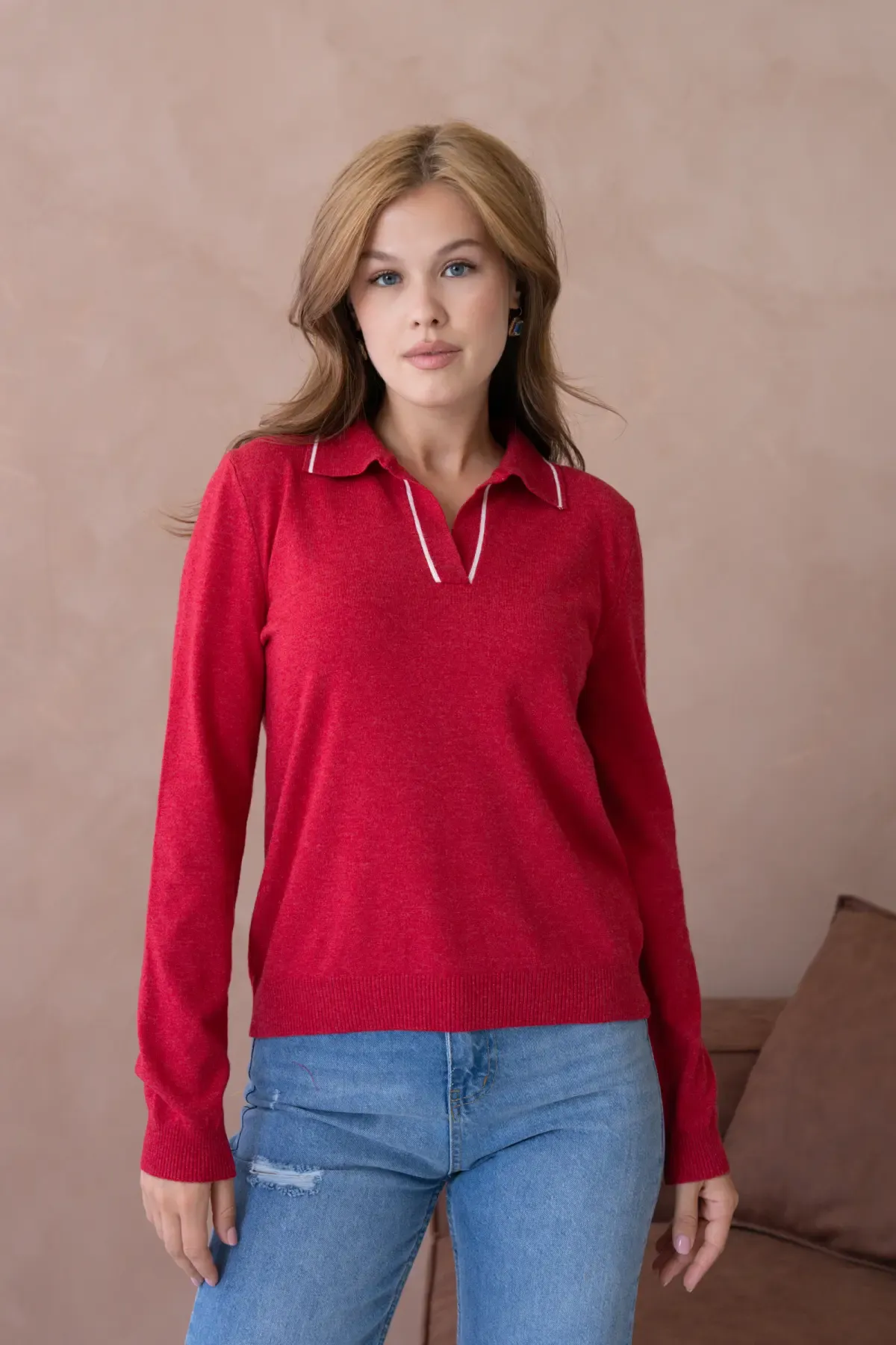 12218 Kadın Polo Yaka Yumuşak Dokulu Triko Kazak