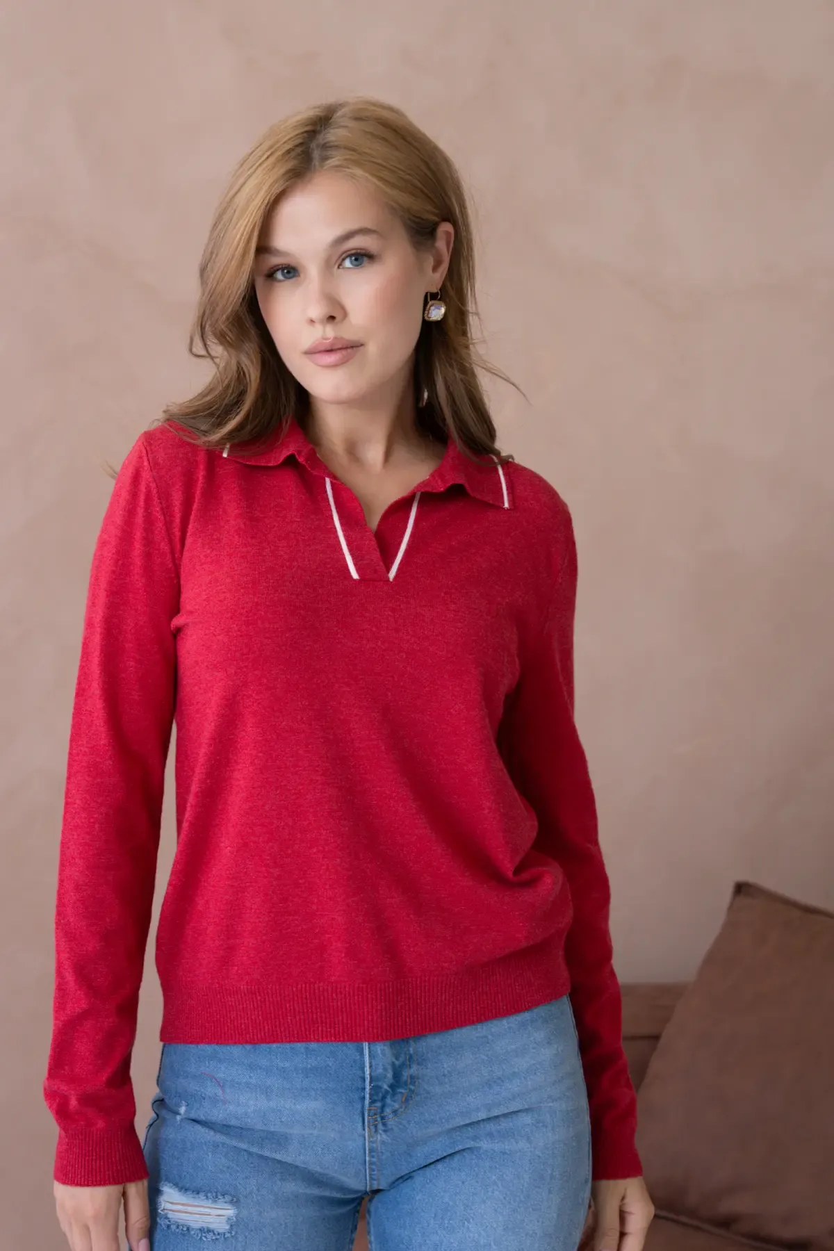 12218 Kadın Polo Yaka Yumuşak Dokulu Triko Kazak