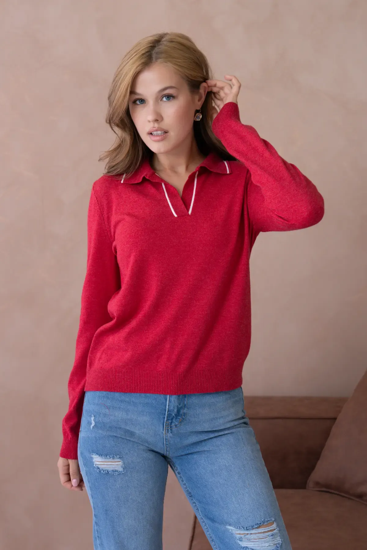 12218 Kadın Polo Yaka Yumuşak Dokulu Triko Kazak