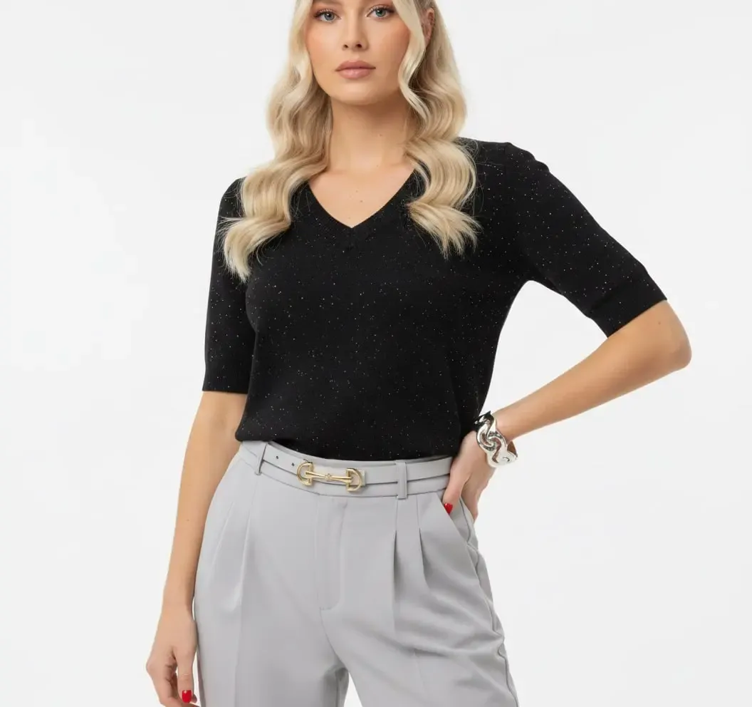 12392.Pr Kadın V Yaka Simli Yumuşak Dokulu Triko Bluz