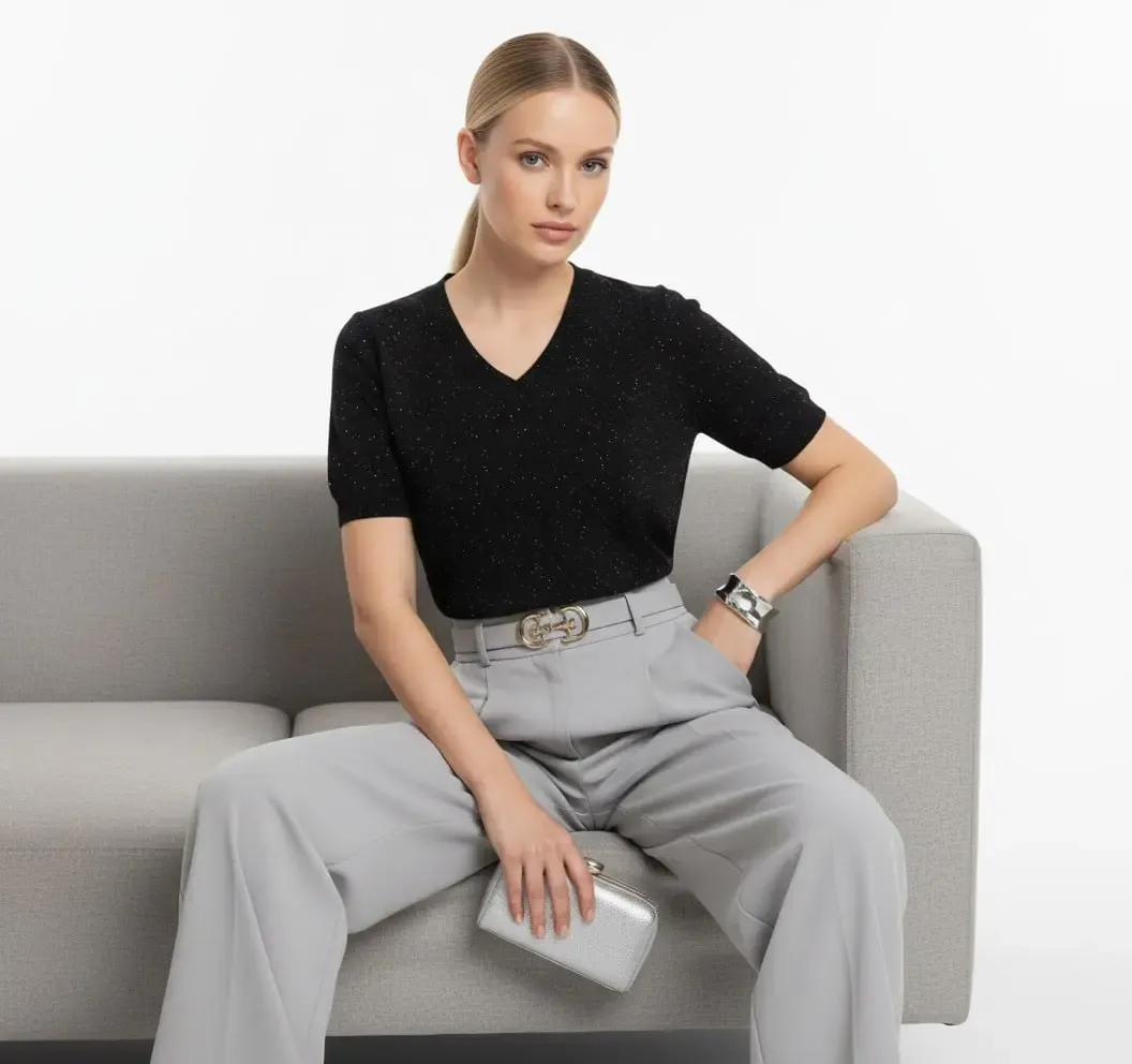 12392.Pr Kadın V Yaka Simli Yumuşak Dokulu Triko Bluz