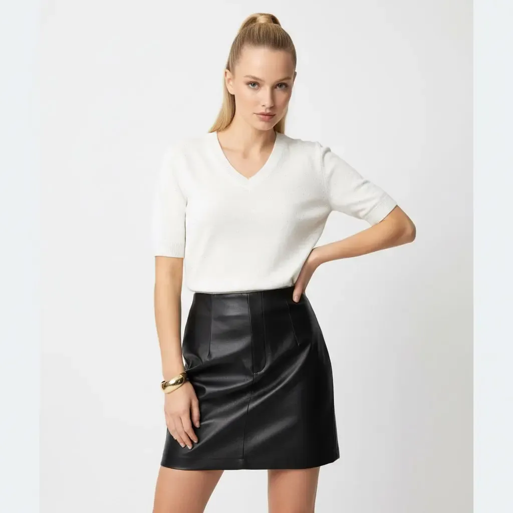 12392.Pr Kadın V Yaka Simli Yumuşak Dokulu Triko Bluz