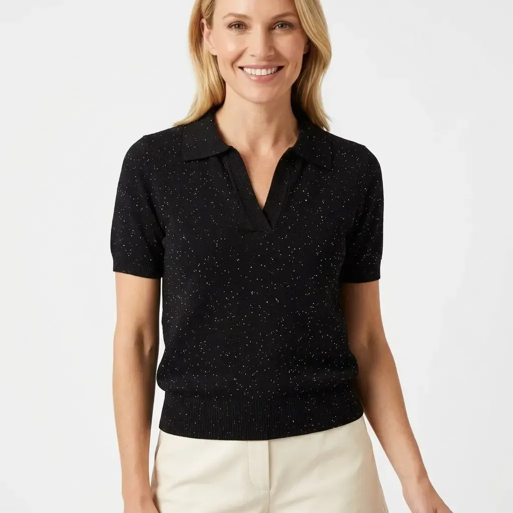 12459 Kadın Polo Yaka Yumuşak Dokulu Simli Triko Bluz