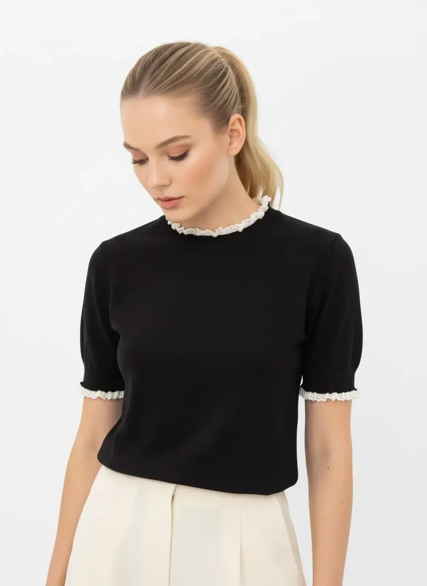 12465 Kadın Dik Yaka Detay Yumuşak Dokulu Premium İplik Triko Bluz