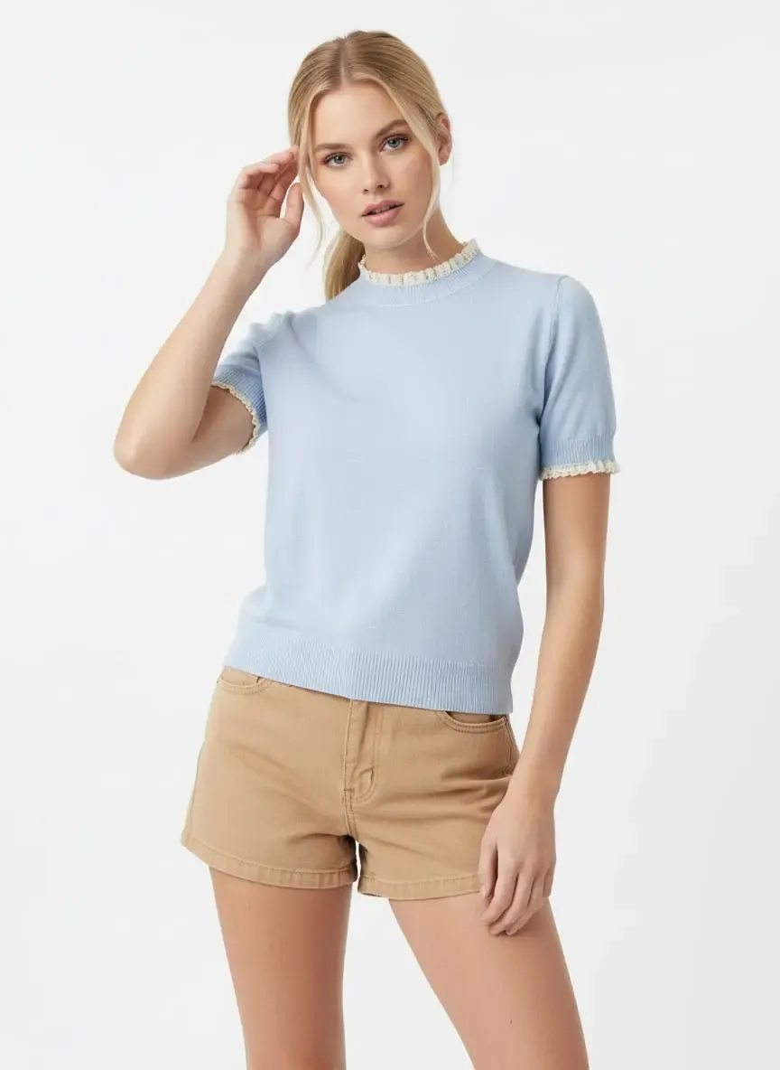 12465 Kadın Dik Yaka Detay Yumuşak Dokulu Premium İplik Triko Bluz