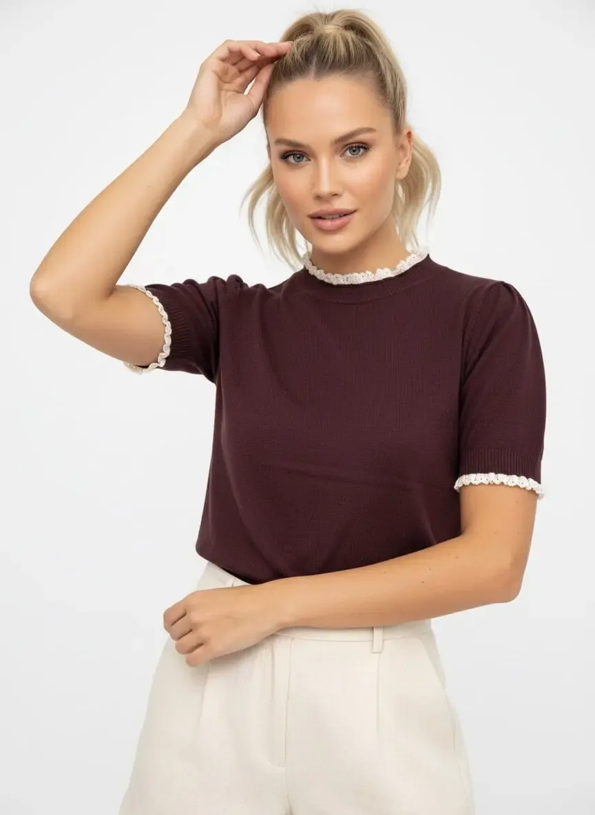 12465 Kadın Dik Yaka Detay Yumuşak Dokulu Premium İplik Triko Bluz