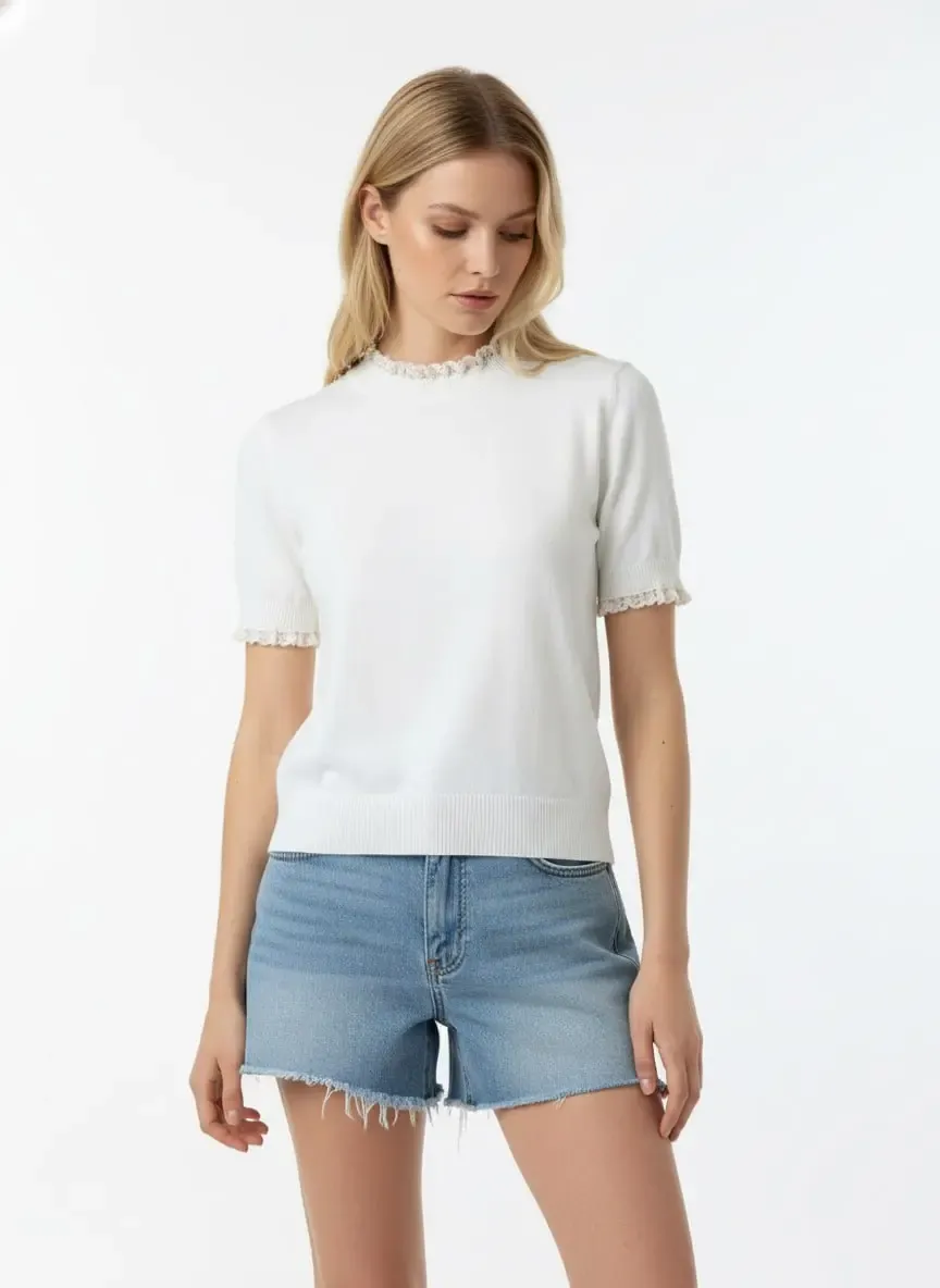 12465 Kadın Dik Yaka Detay Yumuşak Dokulu Premium İplik Triko Bluz