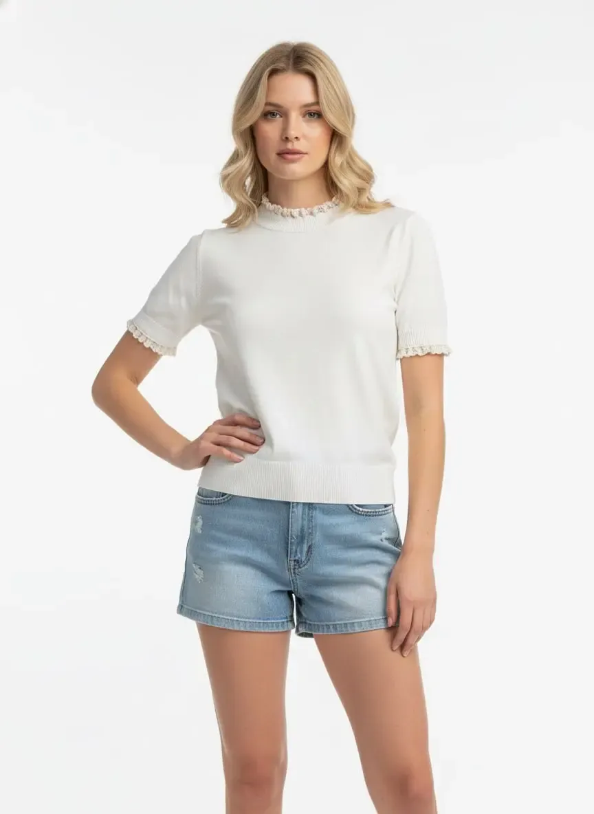 12465 Kadın Dik Yaka Detay Yumuşak Dokulu Premium İplik Triko Bluz