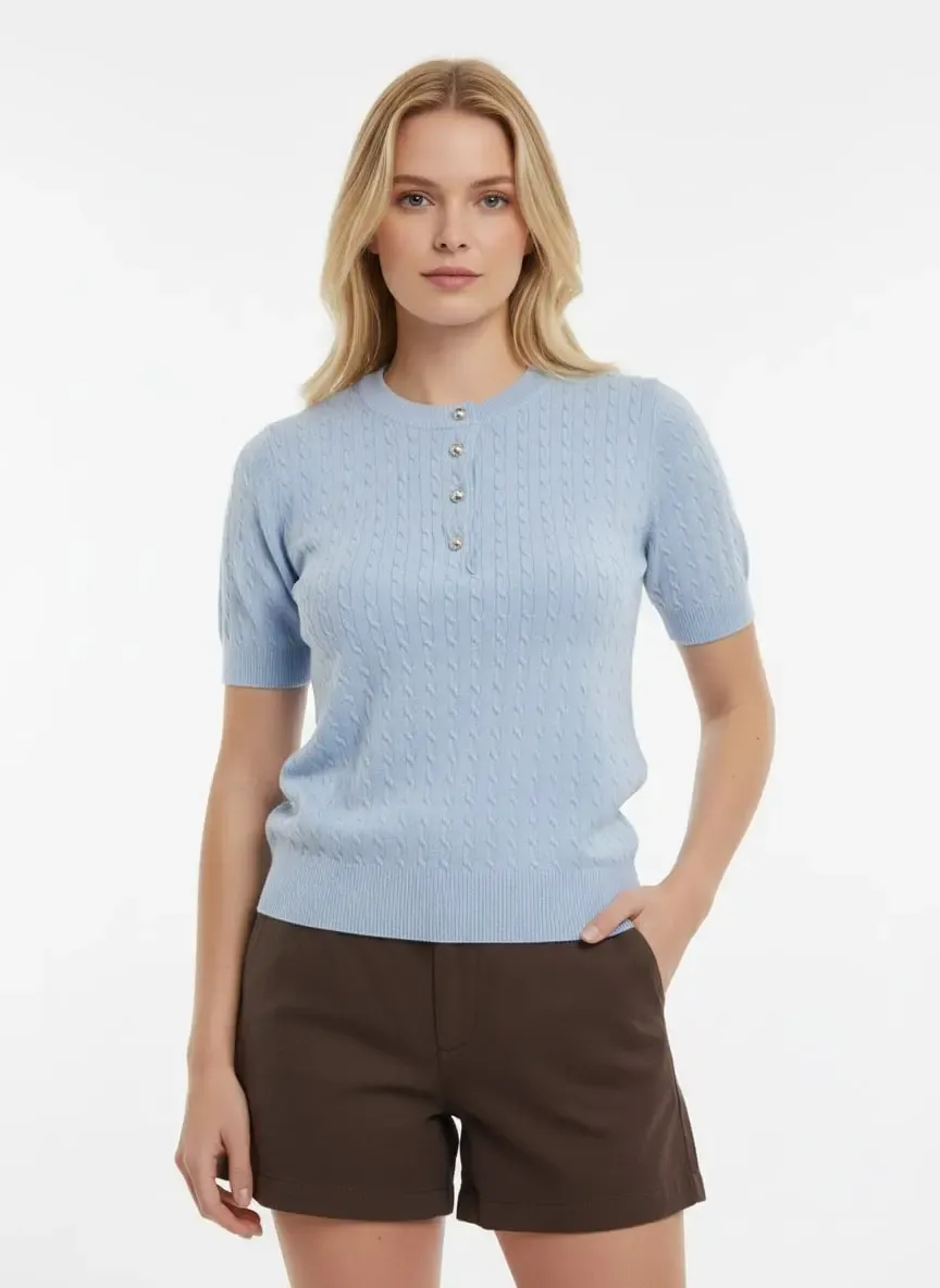 12467 Kadın Bisiklet Yaka Düğme Detay Saç Örgü Triko Bluz 