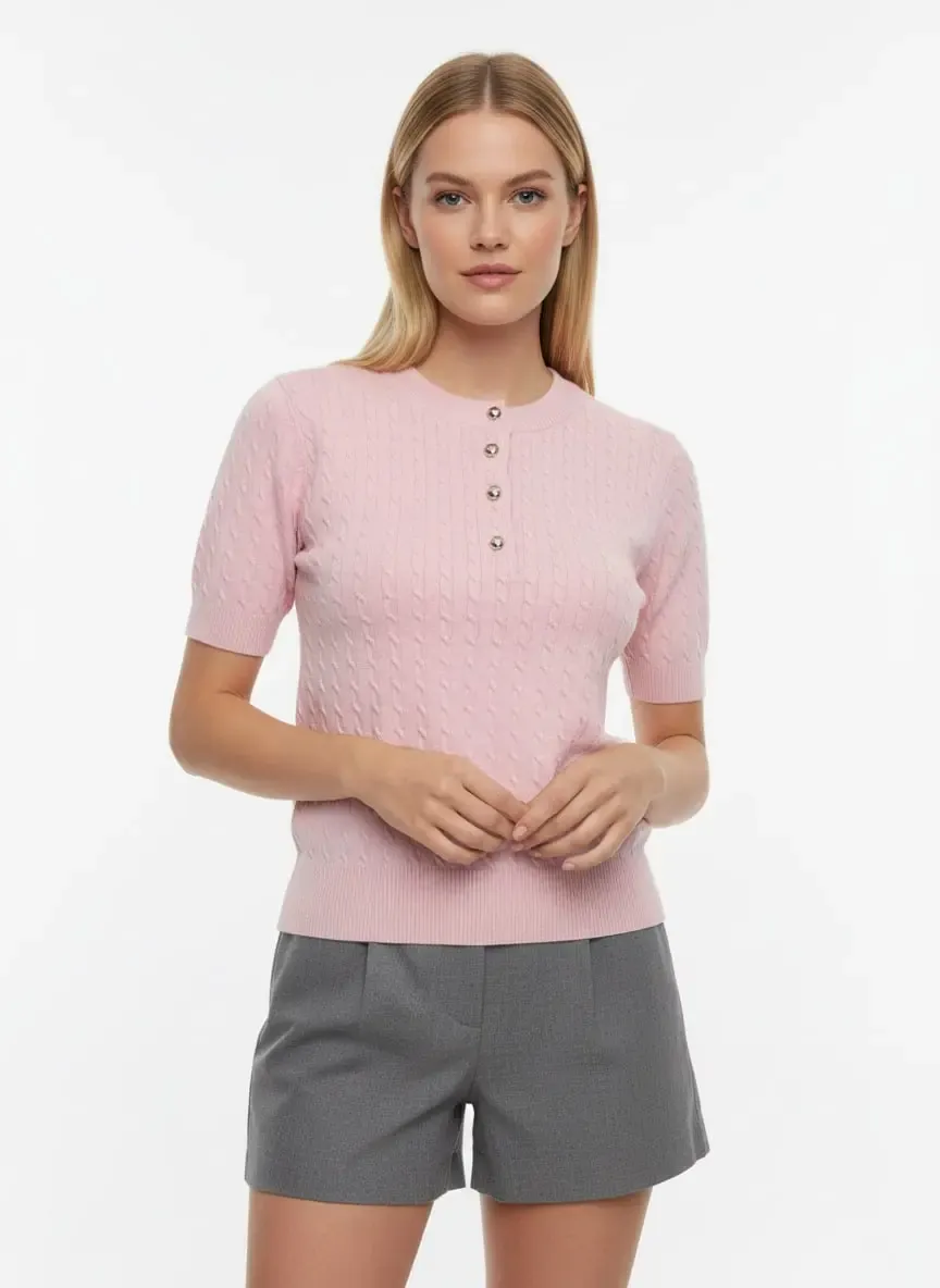 12467 Kadın Bisiklet Yaka Düğme Detay Saç Örgü Triko Bluz 