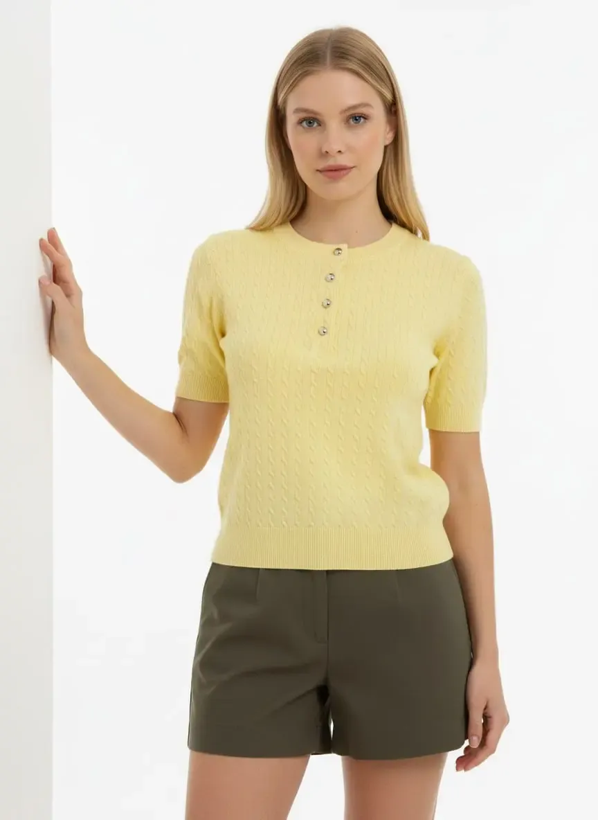 12467 Kadın Bisiklet Yaka Düğme Detay Saç Örgü Triko Bluz 