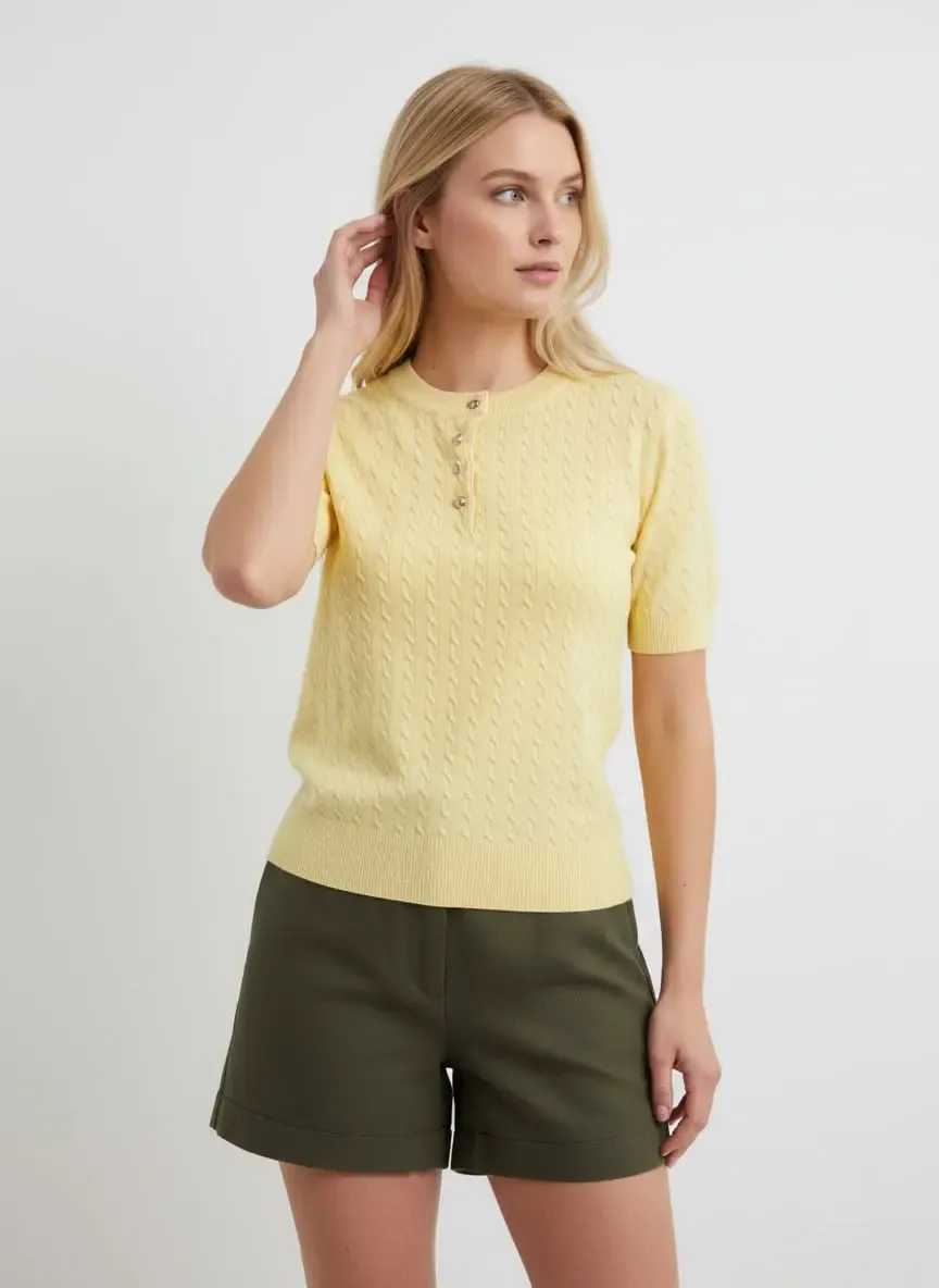 12467 Kadın Bisiklet Yaka Düğme Detay Saç Örgü Triko Bluz 