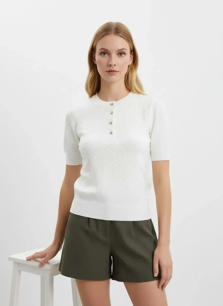 12467 Kadın Bisiklet Yaka Düğme Detay Saç Örgü Triko Bluz 