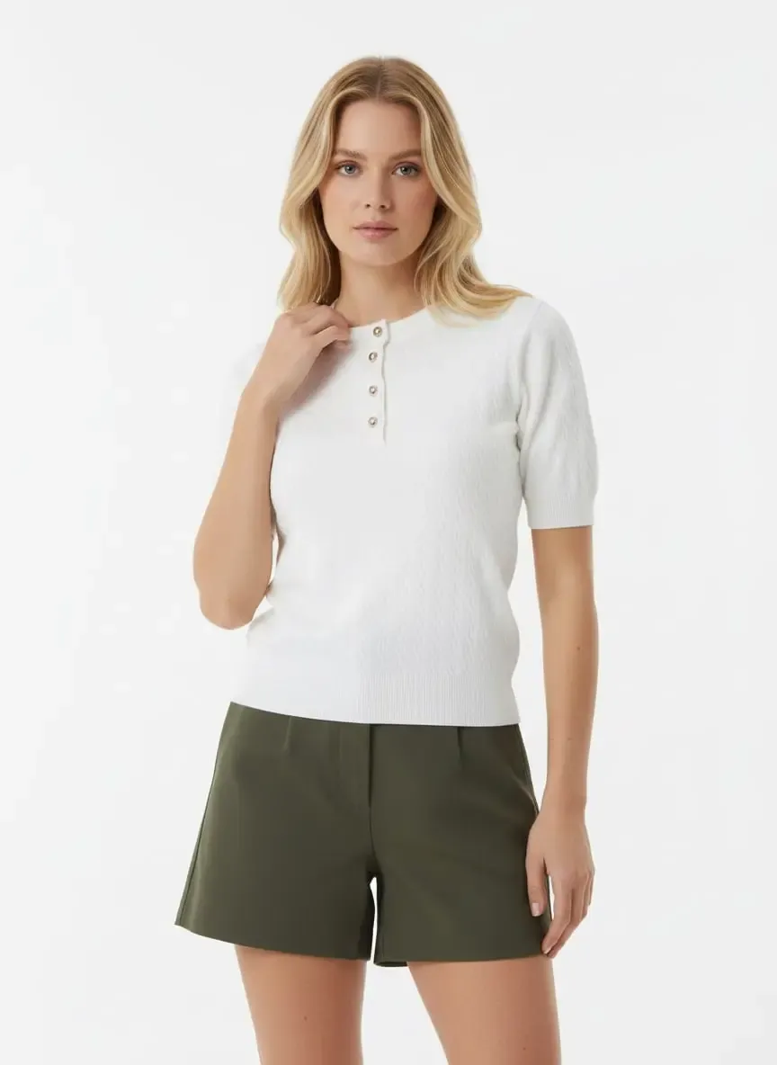 12467 Kadın Bisiklet Yaka Düğme Detay Saç Örgü Triko Bluz 