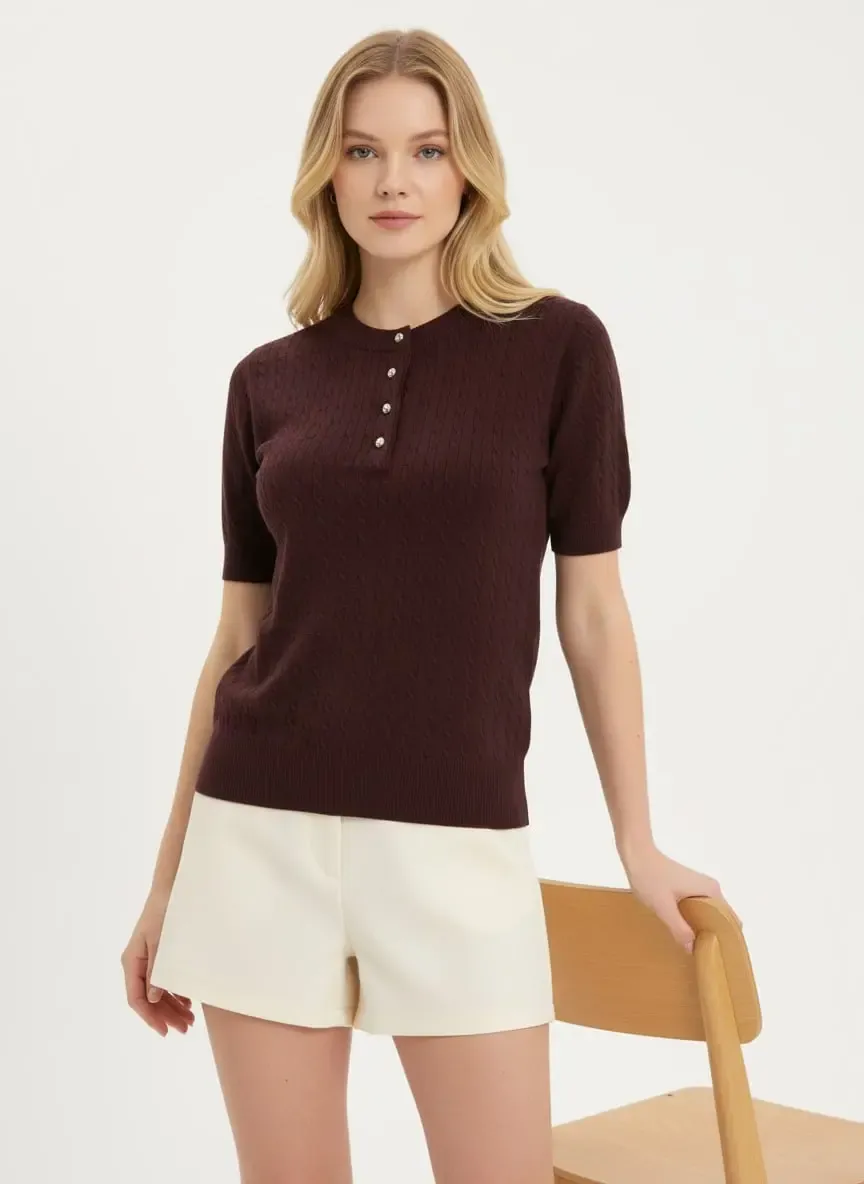 12467 Kadın Bisiklet Yaka Düğme Detay Saç Örgü Triko Bluz 