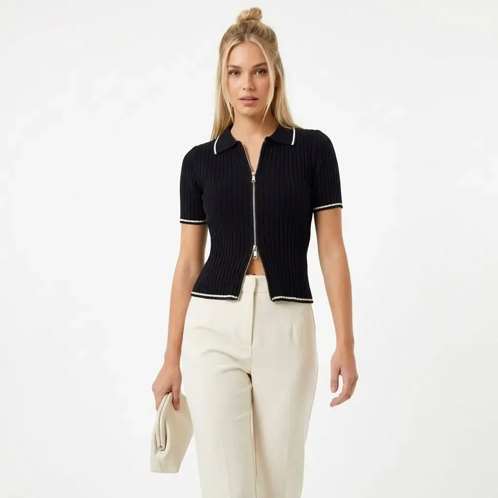 12475 Kısa Kol Fermuar Detaylı Polo Yaka Premium İplik Kaşkorse Triko Hırka 