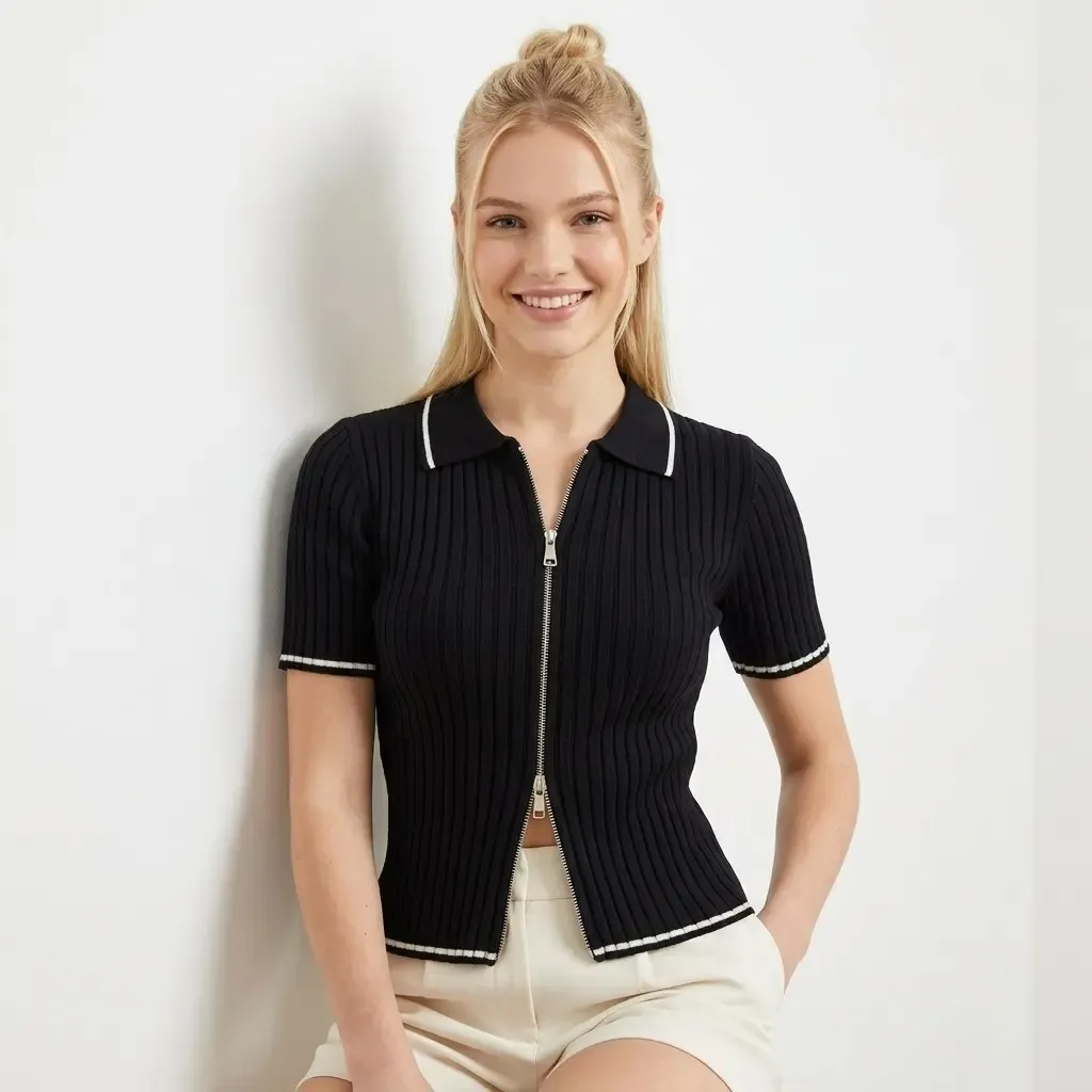 12475 Kısa Kol Fermuar Detaylı Polo Yaka Premium İplik Kaşkorse Triko Hırka 