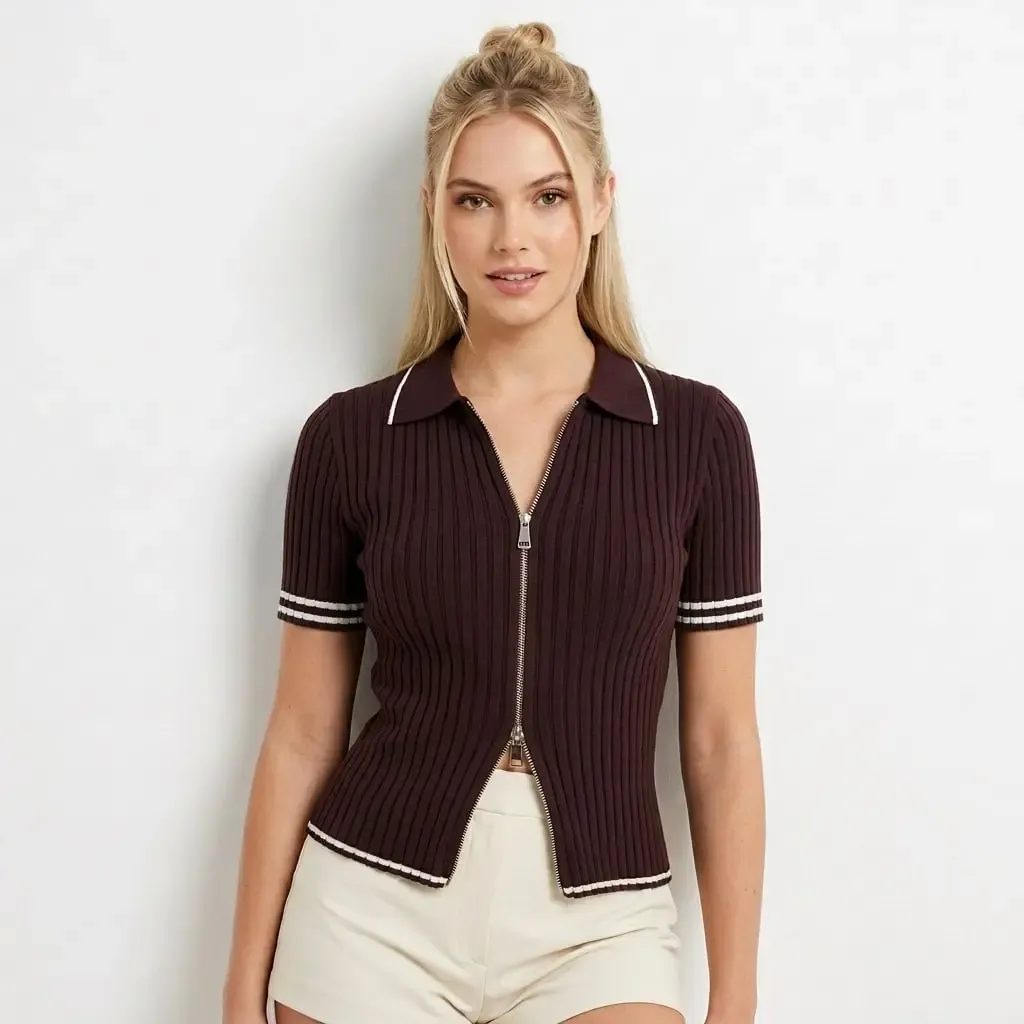 12475 Kısa Kol Fermuar Detaylı Polo Yaka Premium İplik Kaşkorse Triko Hırka 