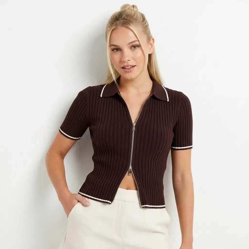 12475 Kısa Kol Fermuar Detaylı Polo Yaka Premium İplik Kaşkorse Triko Hırka 