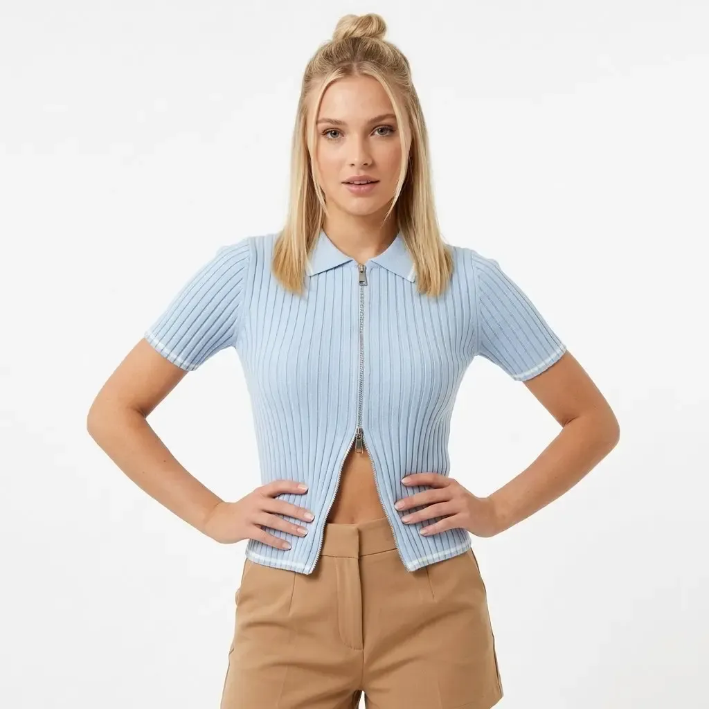 12475 Kısa Kol Fermuar Detaylı Polo Yaka Premium İplik Kaşkorse Triko Hırka 