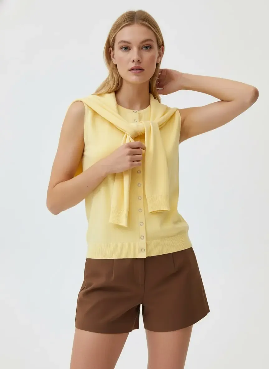 12476 Şal Detaylı Bisiklet Yaka Viscon İplik Triko Yelek