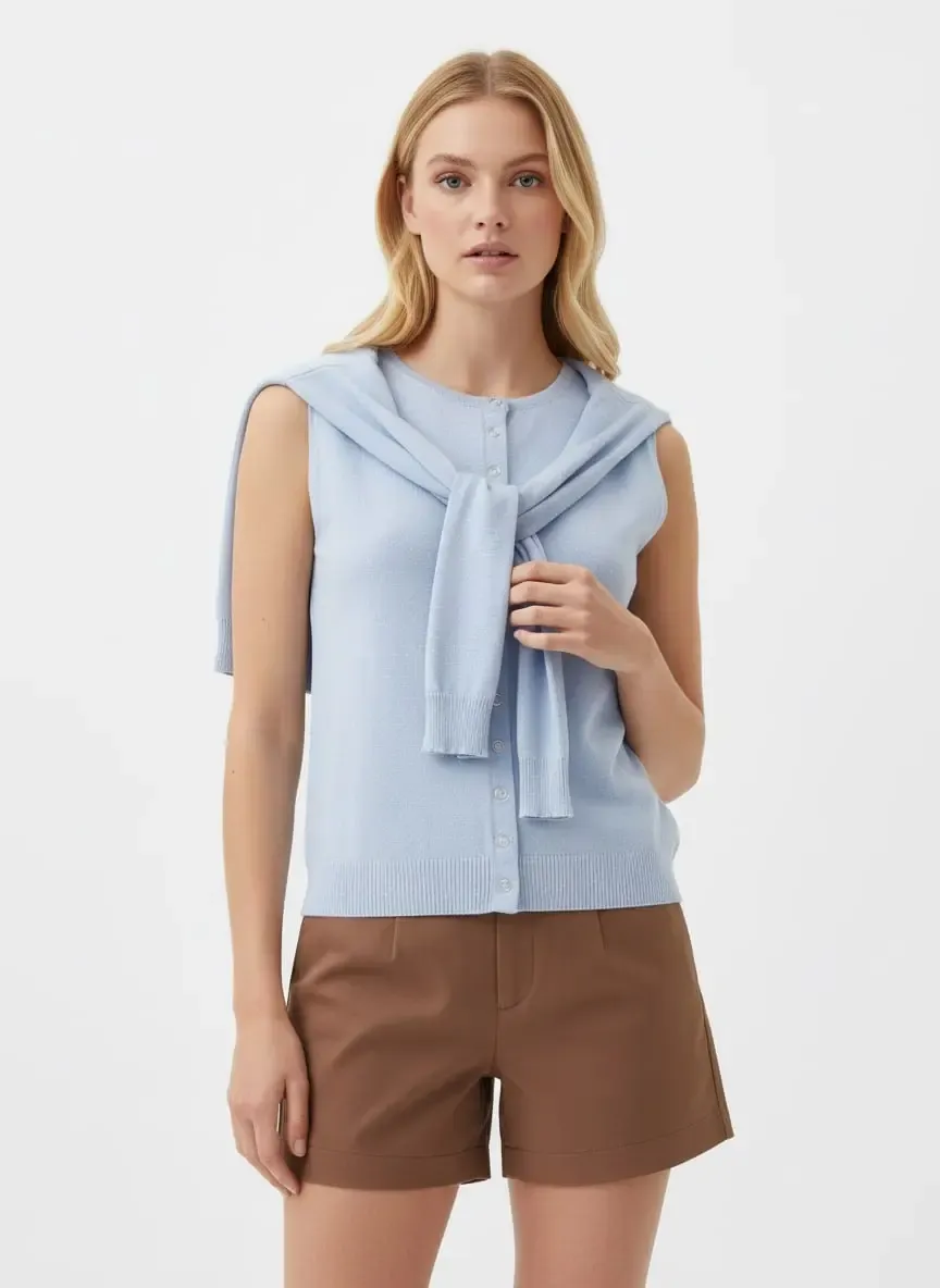 12476 Şal Detaylı Bisiklet Yaka Viscon İplik Triko Yelek