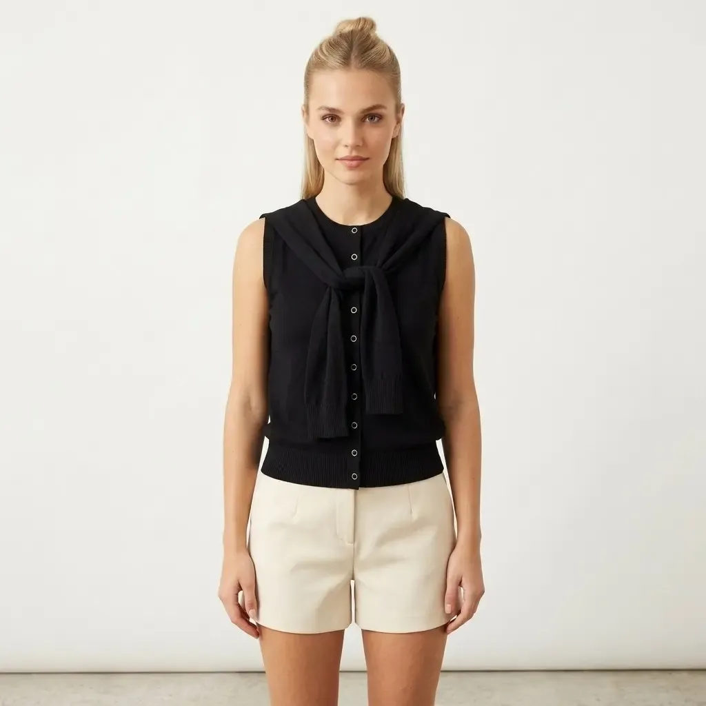 12476 Şal Detaylı Bisiklet Yaka Viscon İplik Triko Yelek