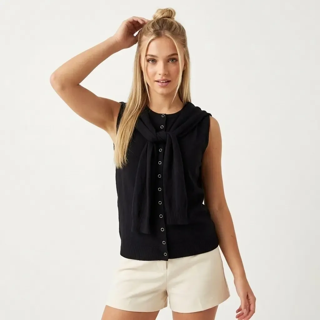 12476 Şal Detaylı Bisiklet Yaka Viscon İplik Triko Yelek