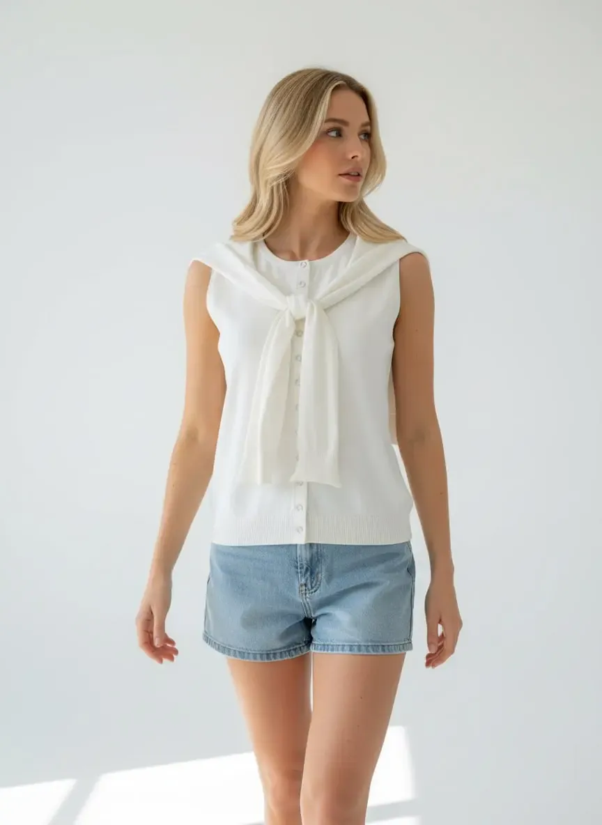 12476 Şal Detaylı Bisiklet Yaka Viscon İplik Triko Yelek